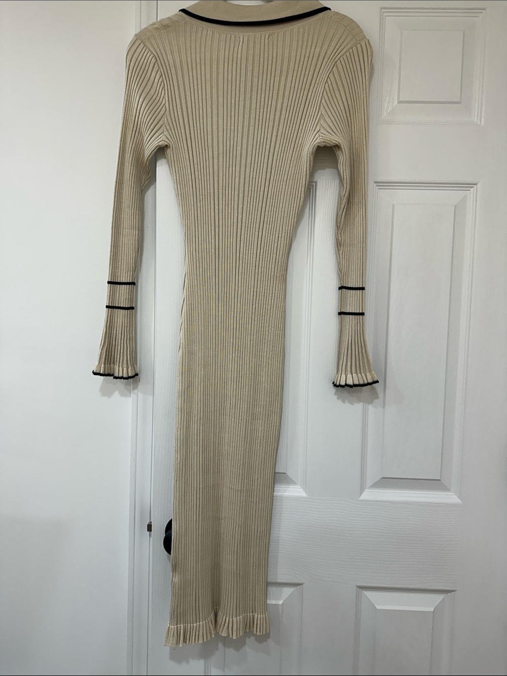 Grace Karin Beige Ribbed Polo Midi Dress with Black Trim - Picture 6 of 7